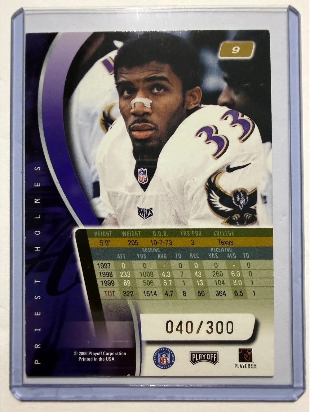 2000 Playoff Absolute Priest Holmes Baltimore Ravens Football Trading Card #040/
